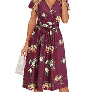 OUGES Short Sleeve V-Neck Floral Short Party Dress with Pockets, M